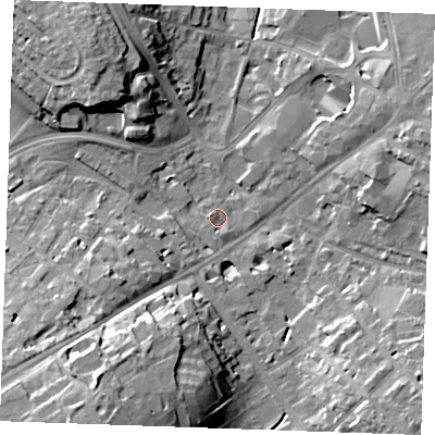 Shaded relief map of the ground around CB80HL, computed from Environment Agency LiDAR. The ground here sits at about 27 m above sea level and falls 20 m across the surrounding 800 m. Surface water reaching this point runs off ground lying to the south-south-west, 19.5 m higher.