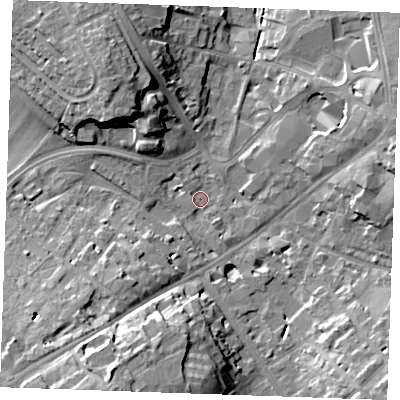 Shaded relief map of the ground around CB80HN, computed from Environment Agency LiDAR. The ground here sits at about 27 m above sea level and falls 18 m across the surrounding 800 m. Surface water reaching this point runs off ground lying to the south-south-west, 18.4 m higher.