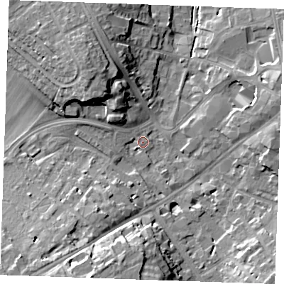Shaded relief map of the ground around CB80HP, computed from Environment Agency LiDAR. The ground here sits at about 27 m above sea level and falls 19 m across the surrounding 800 m. Surface water reaching this point runs off ground lying to the south-south-west, 18.1 m higher.