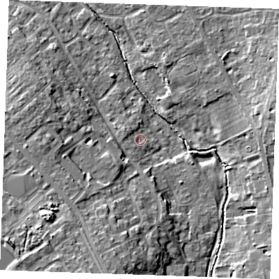 Shaded relief map of the ground around CB80HQ, computed from Environment Agency LiDAR. The ground here sits at about 25 m above sea level and falls 16 m across the surrounding 800 m. Surface water reaching this point runs off ground lying to the south-west, 3.5 m higher.