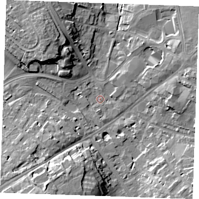 Shaded relief map of the ground around CB80HR, computed from Environment Agency LiDAR. The ground here sits at about 27 m above sea level and falls 19 m across the surrounding 800 m. Surface water reaching this point runs off ground lying to the south-south-west, 18.4 m higher.