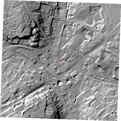 Shaded relief map of the ground around CB80HT, computed from Environment Agency LiDAR. The ground here sits at about 27 m above sea level and falls 19 m across the surrounding 800 m. Surface water reaching this point runs off ground lying to the south-west, 18.4 m higher.