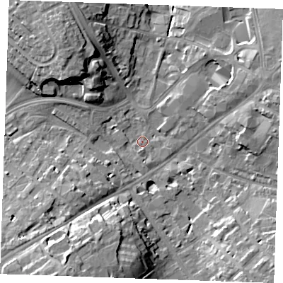 Shaded relief map of the ground around CB80HW, computed from Environment Agency LiDAR. The ground here sits at about 27 m above sea level and falls 19 m across the surrounding 800 m. Surface water reaching this point runs off ground lying to the south-south-west, 19.2 m higher.