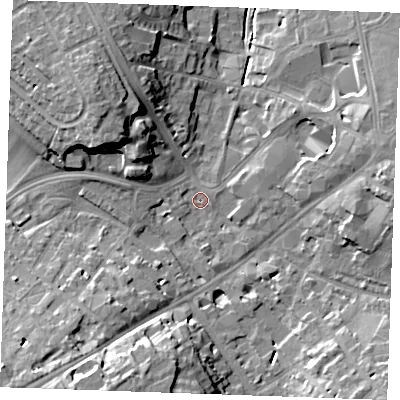 Shaded relief map of the ground around CB80HX, computed from Environment Agency LiDAR. The ground here sits at about 27 m above sea level and falls 17 m across the surrounding 800 m. Surface water reaching this point runs off ground lying to the south-south-west, 17.0 m higher.