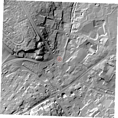 Shaded relief map of the ground around CB80HY, computed from Environment Agency LiDAR. The ground here sits at about 27 m above sea level and falls 16 m across the surrounding 800 m. Surface water reaching this point runs off ground lying to the north-west, 15.3 m higher.