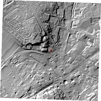 Shaded relief map of the ground around CB80HZ, computed from Environment Agency LiDAR. The ground here sits at about 29 m above sea level and falls 16 m across the surrounding 800 m. Surface water reaching this point runs off ground lying to the north-west, 7.2 m higher.