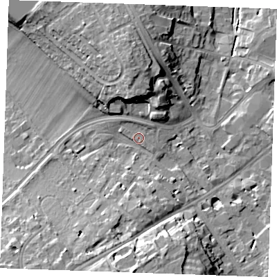 Shaded relief map of the ground around CB80JS, computed from Environment Agency LiDAR. The ground here sits at about 28 m above sea level and falls 19 m across the surrounding 800 m. Surface water reaching this point runs off ground lying to the south-south-west, 12.2 m higher.