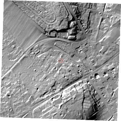Shaded relief map of the ground around CB80JW, computed from Environment Agency LiDAR. The ground here sits at about 28 m above sea level and falls 20 m across the surrounding 800 m. Surface water reaching this point runs off ground lying to the south-south-west, 10.8 m higher.