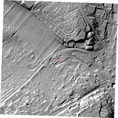 Shaded relief map of the ground around CB80JY, computed from Environment Agency LiDAR. The ground here sits at about 28 m above sea level and falls 19 m across the surrounding 800 m. Surface water reaching this point runs off ground lying to the south, 12.6 m higher.