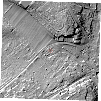 Shaded relief map of the ground around CB80JZ, computed from Environment Agency LiDAR. The ground here sits at about 27 m above sea level and falls 18 m across the surrounding 800 m. Surface water reaching this point runs off ground lying to the south, 12.4 m higher.