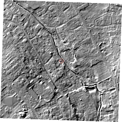 Shaded relief map of the ground around CB80LL, computed from Environment Agency LiDAR. The ground here sits at about 24 m above sea level and falls 16 m across the surrounding 800 m. Surface water reaching this point runs off ground lying to the south-south-west, 11.2 m higher.