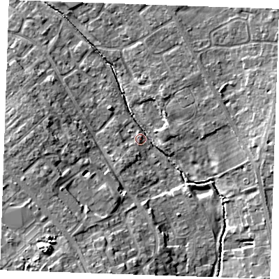 Shaded relief map of the ground around CB80LN, computed from Environment Agency LiDAR. The ground here sits at about 25 m above sea level and falls 16 m across the surrounding 800 m. Surface water reaching this point runs off ground lying to the south-south-west, 11.9 m higher.