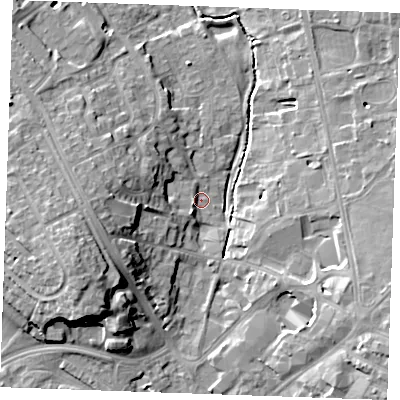 Shaded relief map of the ground around CB80LS, computed from Environment Agency LiDAR. The ground here sits at about 26 m above sea level and falls 17 m across the surrounding 800 m. Surface water reaching this point runs off ground lying to the west-north-west, 8.8 m higher.