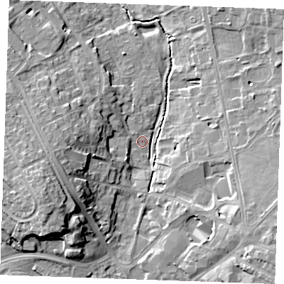 Shaded relief map of the ground around CB80LT, computed from Environment Agency LiDAR. The ground here sits at about 26 m above sea level and falls 17 m across the surrounding 800 m. Surface water reaching this point runs off ground lying to the west, 10.9 m higher.