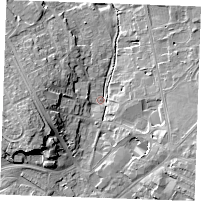Shaded relief map of the ground around CB80LU, computed from Environment Agency LiDAR. The ground here sits at about 26 m above sea level and falls 17 m across the surrounding 800 m. Surface water reaching this point runs off ground lying to the west-south-west, 15.4 m higher.