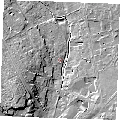 Shaded relief map of the ground around CB80LX, computed from Environment Agency LiDAR. The ground here sits at about 26 m above sea level and falls 17 m across the surrounding 800 m. Surface water reaching this point runs off ground lying to the west-north-west, 1.6 m higher.