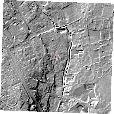Shaded relief map of the ground around CB80LY, computed from Environment Agency LiDAR. The ground here sits at about 26 m above sea level and falls 17 m across the surrounding 800 m. Surface water reaching this point runs off ground lying to the west, 3.6 m higher.
