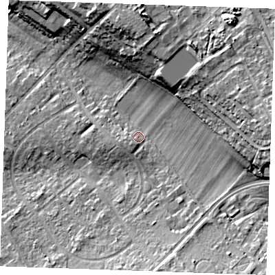 Shaded relief map of the ground around CB80PX, computed from Environment Agency LiDAR. The ground here sits at about 27 m above sea level and falls 16 m across the surrounding 800 m. Surface water reaching this point runs off ground lying to the south-west, 2.4 m higher.