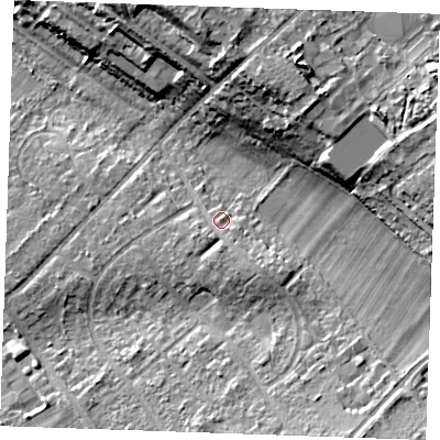 Shaded relief map of the ground around CB80QA, computed from Environment Agency LiDAR. The ground here sits at about 27 m above sea level and falls 15 m across the surrounding 800 m. Surface water reaching this point runs off ground lying to the south-south-east, 2.4 m higher.