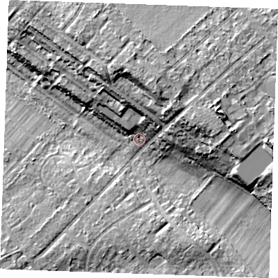 Shaded relief map of the ground around CB80QD, computed from Environment Agency LiDAR. The ground here sits at about 25 m above sea level and falls 16 m across the surrounding 800 m. Surface water reaching this point runs off ground lying to the north-north-east, 8.0 m higher.