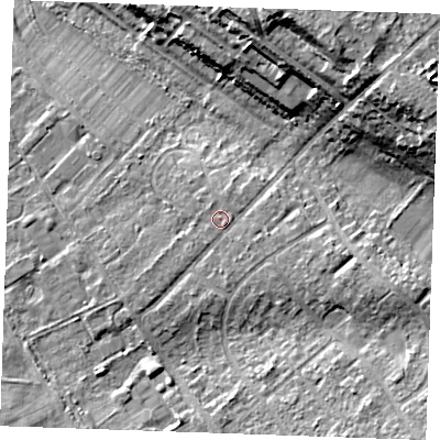 Shaded relief map of the ground around CB80QE, computed from Environment Agency LiDAR. The ground here sits at about 27 m above sea level and falls 17 m across the surrounding 800 m. Surface water reaching this point runs off ground lying to the east-south-east, 1.9 m higher.