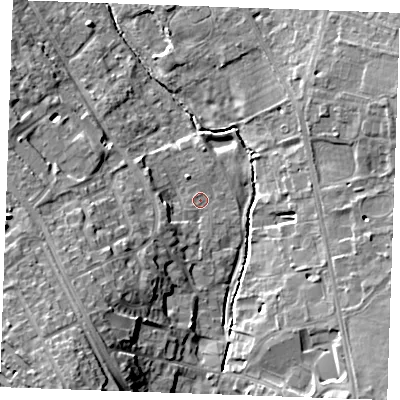 Shaded relief map of the ground around CB80SU, computed from Environment Agency LiDAR. The ground here sits at about 25 m above sea level and falls 18 m across the surrounding 800 m. Surface water reaching this point runs off ground lying to the south-west, 3.9 m higher.
