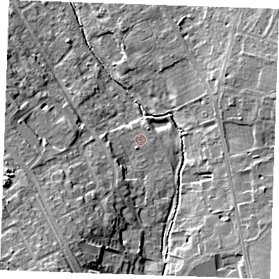 Shaded relief map of the ground around CB80SY, computed from Environment Agency LiDAR. The ground here sits at about 25 m above sea level and falls 17 m across the surrounding 800 m. Surface water reaching this point runs off ground lying to the south-south-west, 3.8 m higher.