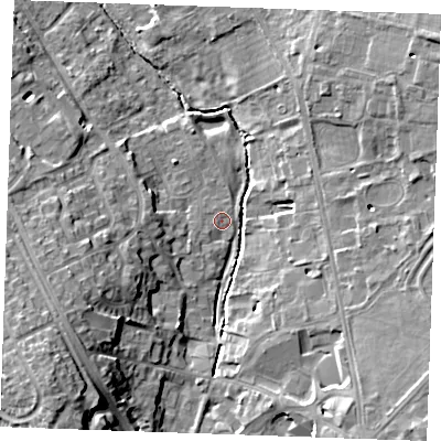 Shaded relief map of the ground around CB80SZ, computed from Environment Agency LiDAR. The ground here sits at about 25 m above sea level and falls 17 m across the surrounding 800 m. Surface water reaching this point runs off ground lying to the south-west, 1.4 m higher.