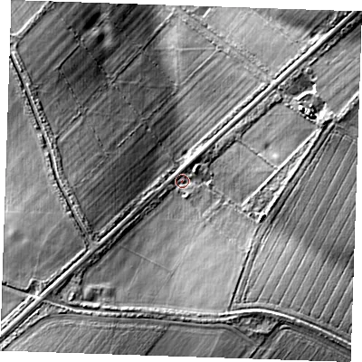 Shaded relief map of the ground around CB80TR, computed from Environment Agency LiDAR. The ground here sits at about 45 m above sea level and falls 20 m across the surrounding 800 m. Surface water reaching this point runs off ground lying to the south-east, 14.1 m higher.