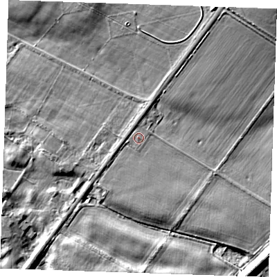 Shaded relief map of the ground around CB80TZ, computed from Environment Agency LiDAR. The ground here sits at about 32 m above sea level and falls 19 m across the surrounding 800 m. Surface water reaching this point runs off ground lying to the north-east, 15.6 m higher.