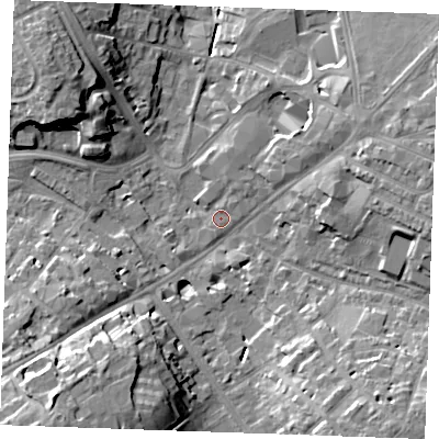 Shaded relief map of the ground around CB80WJ, computed from Environment Agency LiDAR. The ground here sits at about 28 m above sea level and falls 19 m across the surrounding 800 m. Surface water reaching this point runs off ground lying to the north-east, 1.1 m higher.