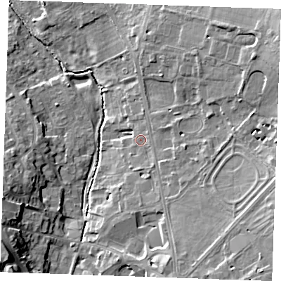 Shaded relief map of the ground around CB87AA, computed from Environment Agency LiDAR. The ground here sits at about 28 m above sea level and falls 15 m across the surrounding 800 m. Surface water reaching this point runs off ground lying to the south-east, 8.4 m higher.