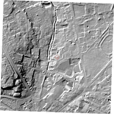 Shaded relief map of the ground around CB87AB, computed from Environment Agency LiDAR. The ground here sits at about 28 m above sea level and falls 17 m across the surrounding 800 m. Surface water reaching this point runs off ground lying to the east, 3.5 m higher.
