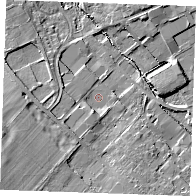 Shaded relief map of the ground around CB87AU, computed from Environment Agency LiDAR. The ground here sits at about 24 m above sea level and falls 17 m across the surrounding 800 m. Surface water reaching this point runs off ground lying to the west-south-west, 6.1 m higher.