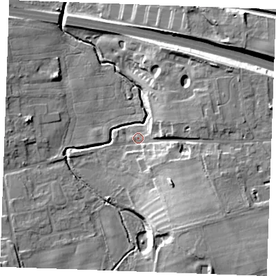 Shaded relief map of the ground around CB87FE, computed from Environment Agency LiDAR. The ground here sits at about 27 m above sea level and falls 20 m across the surrounding 800 m. Surface water reaching this point runs off ground lying to the east-south-east, 10.9 m higher.