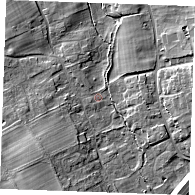 Shaded relief map of the ground around CB87FN, computed from Environment Agency LiDAR. The ground here sits at about 15 m above sea level and falls 12 m across the surrounding 800 m. Surface water reaching this point runs off ground lying to the south-west, 9.2 m higher.