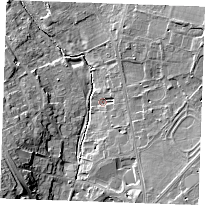Shaded relief map of the ground around CB87FP, computed from Environment Agency LiDAR. The ground here sits at about 26 m above sea level and falls 18 m across the surrounding 800 m. Surface water reaching this point runs off ground lying to the south-east, 8.0 m higher.