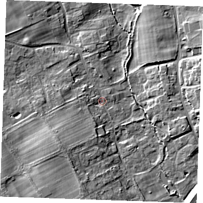 Shaded relief map of the ground around CB87HB, computed from Environment Agency LiDAR. The ground here sits at about 15 m above sea level and falls 12 m across the surrounding 800 m. Surface water reaching this point runs off ground lying to the south-west, 9.2 m higher.