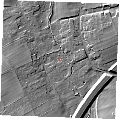 Shaded relief map of the ground around CB87HF, computed from Environment Agency LiDAR. The ground here sits at about 14 m above sea level and falls 14 m across the surrounding 800 m. Surface water reaching this point runs off ground lying to the east-north-east, 12.9 m higher.