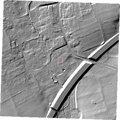 Shaded relief map of the ground around CB87HG, computed from Environment Agency LiDAR. The ground here sits at about 16 m above sea level and falls 19 m across the surrounding 800 m. Surface water reaching this point runs off ground lying to the east-north-east, 2.3 m higher.