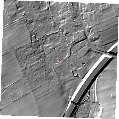 Shaded relief map of the ground around CB87HQ, computed from Environment Agency LiDAR. The ground here sits at about 15 m above sea level and falls 18 m across the surrounding 800 m. Surface water reaching this point runs off ground lying to the north-east, 13.3 m higher.