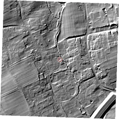 Shaded relief map of the ground around CB87HS, computed from Environment Agency LiDAR. The ground here sits at about 14 m above sea level and falls 13 m across the surrounding 800 m. Surface water reaching this point runs off ground lying to the west-south-west, 9.2 m higher.