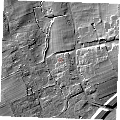 Shaded relief map of the ground around CB87HX, computed from Environment Agency LiDAR. The ground here sits at about 17 m above sea level and falls 16 m across the surrounding 800 m. Surface water reaching this point runs off ground lying to the south-east, 1.8 m higher.