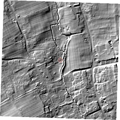 Shaded relief map of the ground around CB87JF, computed from Environment Agency LiDAR. The ground here sits at about 14 m above sea level and falls 13 m across the surrounding 800 m. Surface water reaching this point runs off ground lying to the east-south-east, 11.1 m higher.