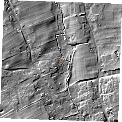 Shaded relief map of the ground around CB87JW, computed from Environment Agency LiDAR. The ground here sits at about 15 m above sea level and falls 12 m across the surrounding 800 m. Surface water reaching this point runs off ground lying to the west-south-west, 2.2 m higher.