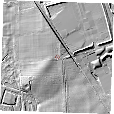 Shaded relief map of the ground around CB87NE, computed from Environment Agency LiDAR. The ground here sits at about 14 m above sea level and falls 15 m across the surrounding 800 m. Surface water reaching this point runs off ground lying to the north-north-east, 3.4 m higher.
