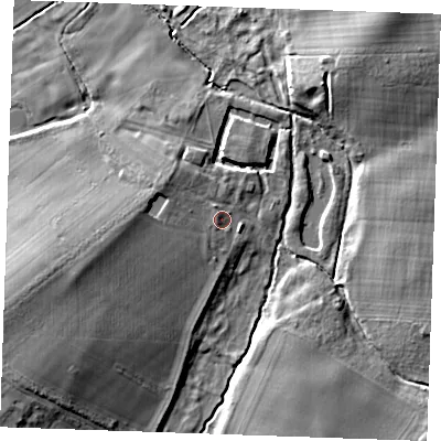 Shaded relief map of the ground around CB87NF, computed from Environment Agency LiDAR. The ground here sits at about 12 m above sea level and falls 15 m across the surrounding 800 m. Surface water reaching this point runs off ground lying to the west, 5.3 m higher.