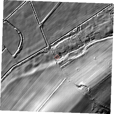 Shaded relief map of the ground around CB87NL, computed from Environment Agency LiDAR. The ground here sits at about 10 m above sea level and falls 19 m across the surrounding 800 m. Surface water reaching this point runs off ground lying to the south-east, 12.8 m higher.