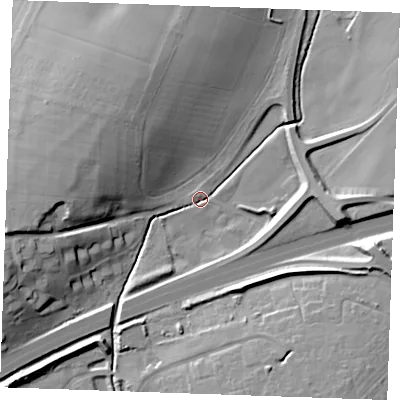 Shaded relief map of the ground around CB87NP, computed from Environment Agency LiDAR. The ground here sits at about 17 m above sea level and falls 20 m across the surrounding 800 m. Surface water reaching this point runs off ground lying to the west-south-west, 18.6 m higher.