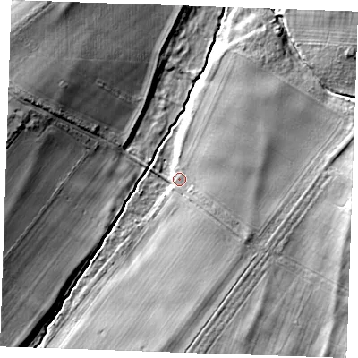 Shaded relief map of the ground around CB87NQ, computed from Environment Agency LiDAR. The ground here sits at about 12 m above sea level and falls 13 m across the surrounding 800 m. Surface water reaching this point runs off ground lying to the south-east, 3.0 m higher.